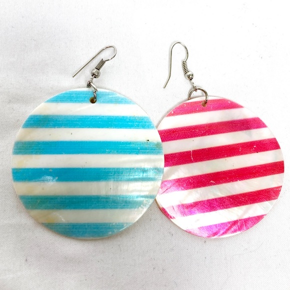 Vintage abalone earrings striped red blue pearl